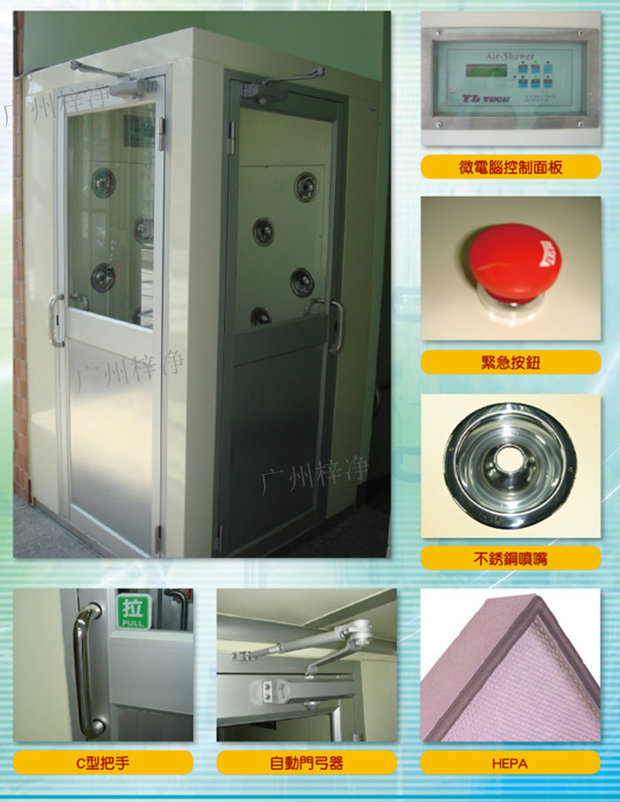 轉角風淋室吹淋原理:初效過濾器--離心風機--靜壓箱--高效過濾器--噴嘴高速噴出--內循環風。